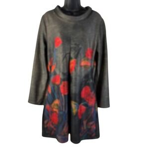 NWT Shana Apparel Women Sz Medium Grey Floral Poppy Funnel Neck Tunic Top Dress